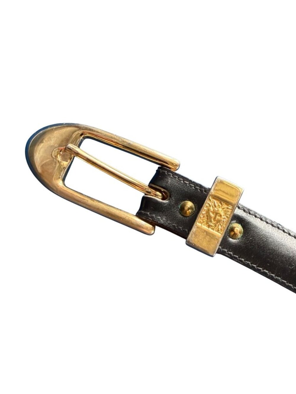 Vintage Anne Klein Black Leather Skinny Belt Gold Tone Buckle Lion Logo Medium
